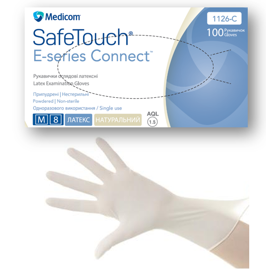 Рукавички оглядові латексні припудрені, нестерильні SafeTouch® E-series Connect™ (розмір L)